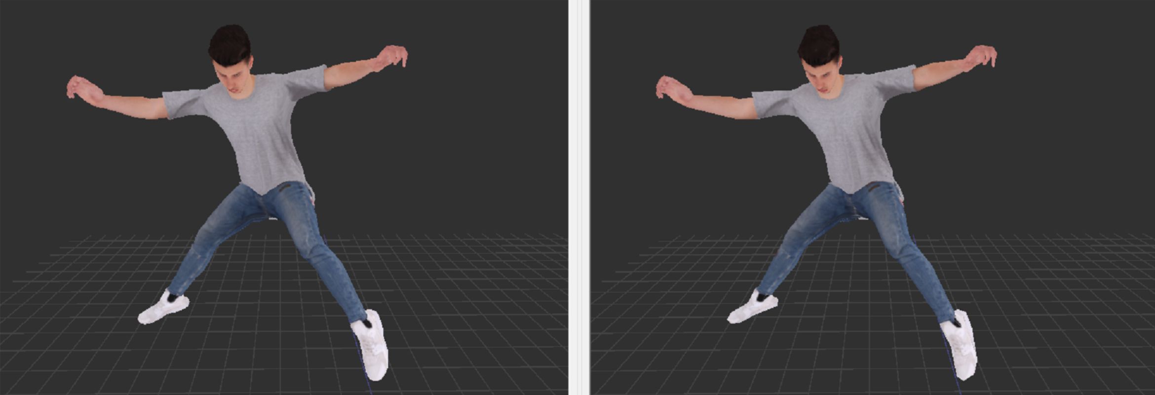 The same 3D character at full resolution on the left and at 12 percent triangles on the right; both look nearly identical.