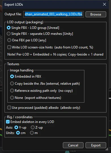 The Export LODs dialog with packaging, texture and coordinate options.