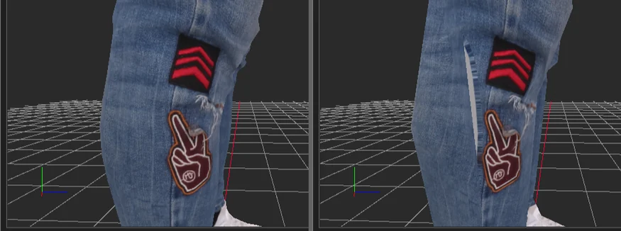 Close-up of jeans: the original on the left, the LOD on the right with a pale stripe where it samples unused texture.